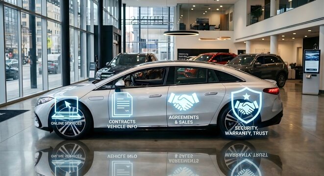 Electric car in modern showroom displaying digital icons for online services contracts vehicle info agreements sales security warranty trust representing automotive technology and customer trust