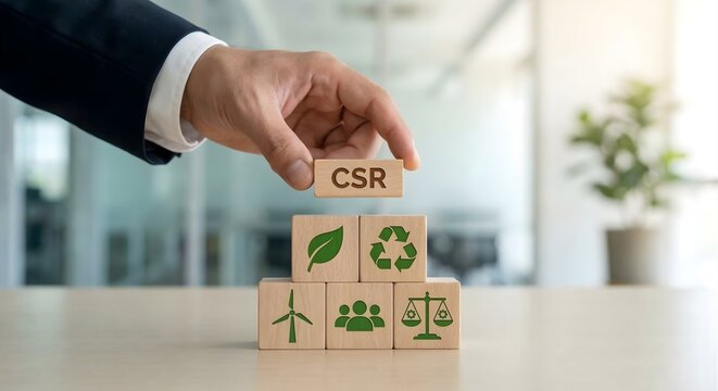 Businessman adding csr corporate social responsibility block to building blocks with sustainability and governance icons demonstrating ethical business practices and environmental consciousness