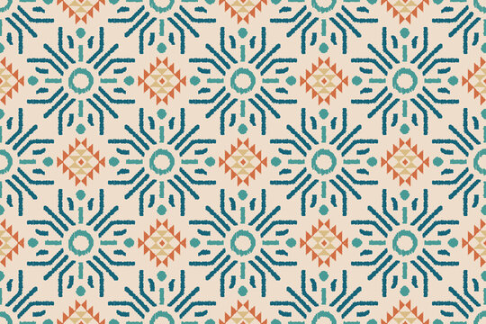 Southwestern Ikat Seamless Pattern Geometric Design.Bohemian Sunburst Tribal Background Ethnic Diamond Textile Art.Desert Style Ikat Vector Traditional Native American Print.Modern Boho Ornament.