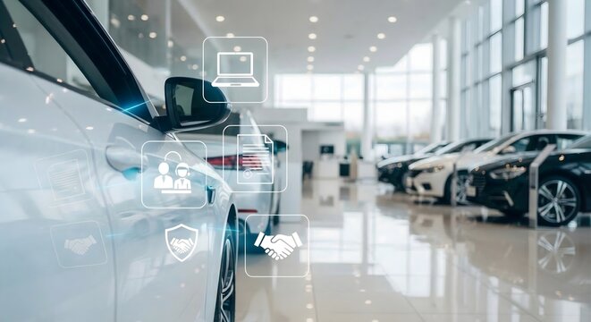 Modern car showroom interior featuring digital interface icons for online automotive sales insurance and customer support services with rows of luxury vehicles displayed on polished reflective floor