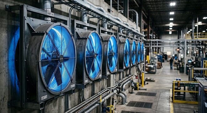 Row of industrial ventilation fans with glowing blue rotors mounted on concrete wall in factory interior with blurred background showing production line