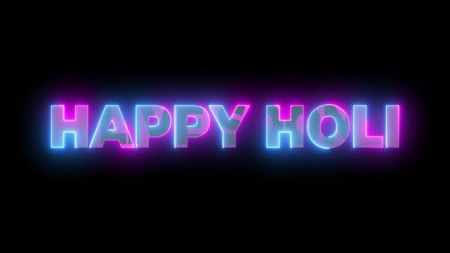 Neon Happy Holi text with a stylized flower icon on a colorful abstract background with seamless loop bokeh lights