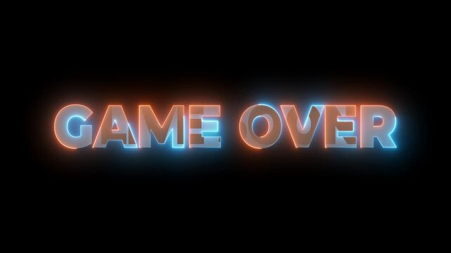 Neon Digital explosion displays Game Over text in vibrant particles, neon lights. Graphic signifies end of gaming session with intense energy, futuristic design.
