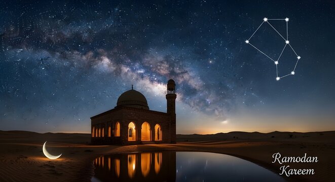 Ancient Desert Mosque Under Milky Way with Crescent Moon Reflection