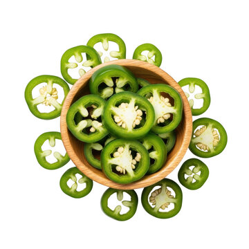 Sliced jalape os arranged in a small wooden bowl with scattered pieces ideal for design on transparent background