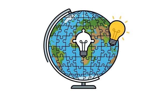 Jigsaw Puzzle Earth Globe with Missing Lightbulb Idea Piece Isolated on White Background.