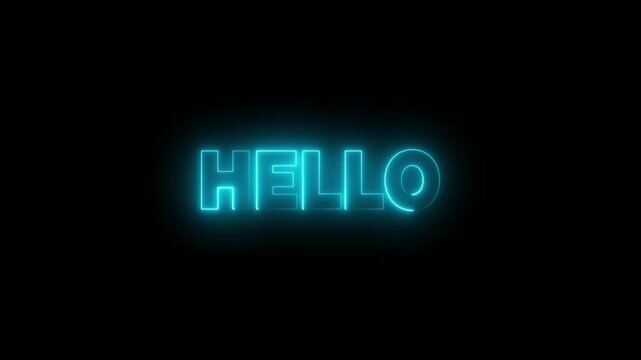 Hello text font with light. Luminous and shimmering haze inside the letters of the text Hello. Hello neon sign.
