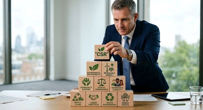 Businessman building a csr pyramid with wooden blocks displaying corporate social responsibility concepts environmental sustainability renewable energy ethical governance