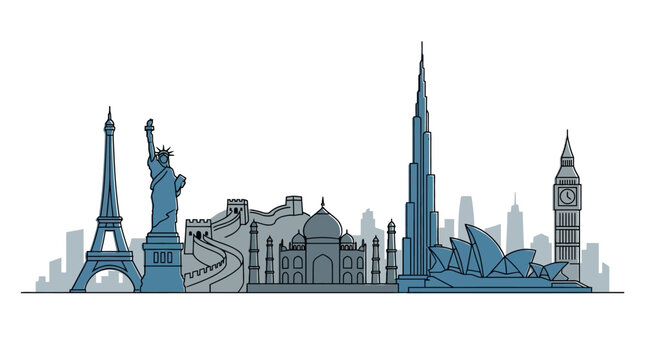 A stylized illustration of famous world landmarks including the Eiffel Tower, Statue of Liberty, Taj Mahal, and Sydney Opera House.