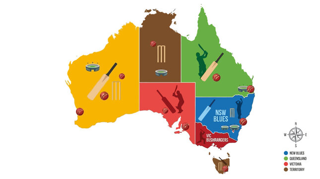 Map of Australia showcasing different cricket-related imagery and icons within each state, highlighting the sport's presence across the continent.