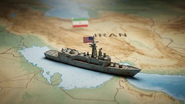 US naval destroyer near Iran and UAE on Persian Gulf map representing maritime security military strategy geopolitical tension Middle East naval operations and international relations