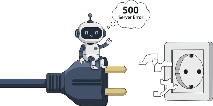 Robot with a 500 server error thought bubble plugging into outlet