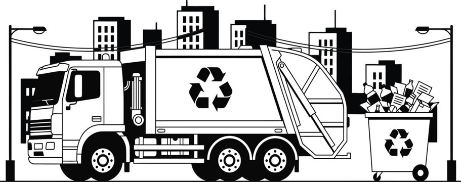 Garbage recycling truck illustration with city background, waste management vehicle collecting trash bin environmental sanitation concept