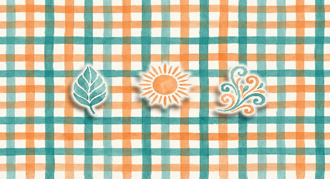 Watercolor style nature elements with leaf, sun, and swirl on a teal and orange plaid gingham pattern background vector illustration