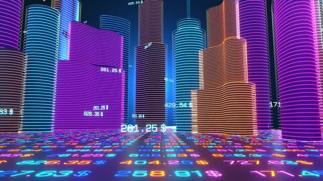 Abstract colorful neon city with skyscrapers and moving stock market data. Modern, digital, automated trading, futuristic, investment, stock market concept, trading algorithms.