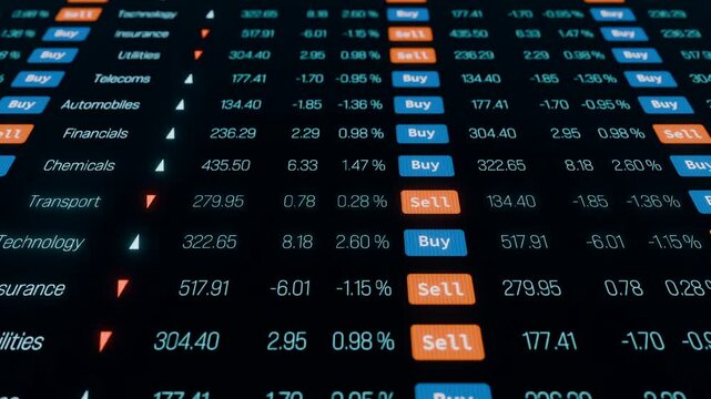 Trading screen with stock market data, buy and sell information. Financial markets, invest, stockbroker, financial figures, up and down, volatile.