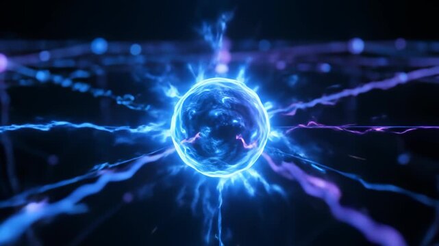 Close-up of glowing blue energy sphere connecting network nodes - 3D Animation