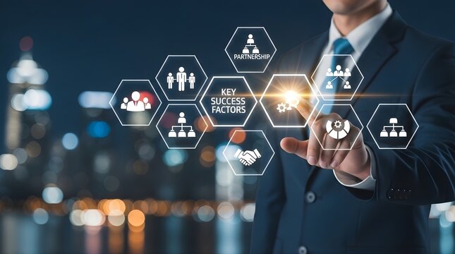 Businessman interacting with digital interface showing key success factors icons against city bokeh background representing corporate strategy partnership teamwork and professional leadership goals