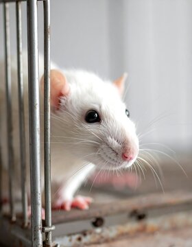 White Rat Peeking Out of Cage - A Curious Rodent.
