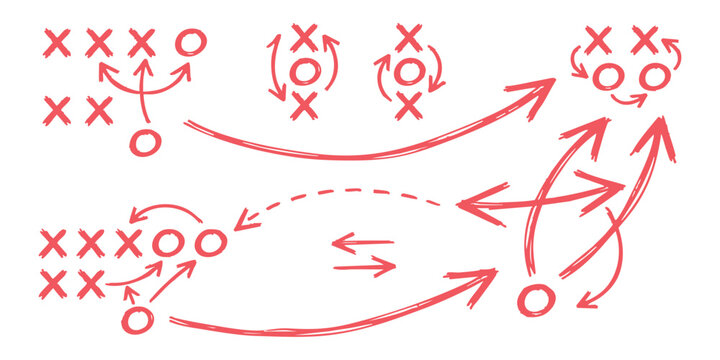 Hand drawn red sports tactic board diagram with Xs and Os strategy arrows vector illustration.
