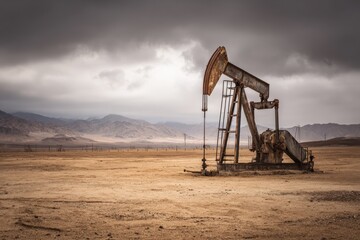 Deserted Pumpjack Silhouette. Isolation Depicted By Oil Pumpjack Against Distant Mountain Ranges