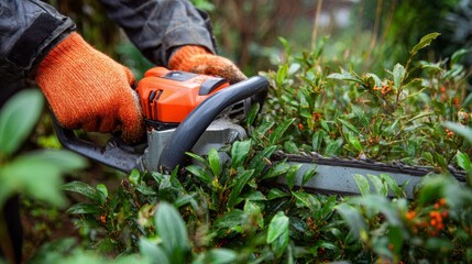 Obraz premium Hand-held plan with gloves using a garden pruner