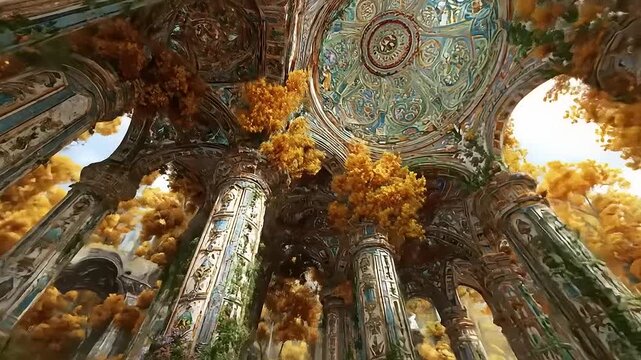 Majestic ruins amidst ethereal golden foliage showcase nature's reclamation of an ancient architectural marvel