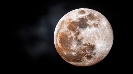 Full moon shines brightly in the night sky surrounded by clouds and displaying moonlight over a dark backdrop in a clear view of space