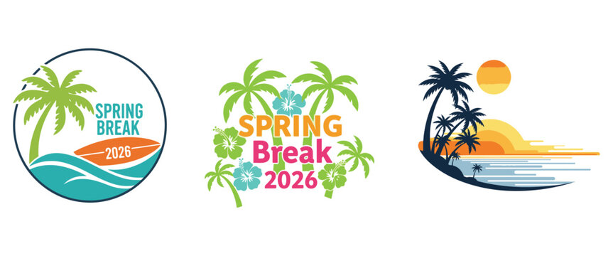 Three vibrant spring break themed logos featuring palm trees ocean waves and sunset backgrounds
