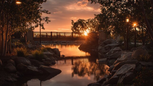Sunset over a waterway with bridge and trees reflecting in the water