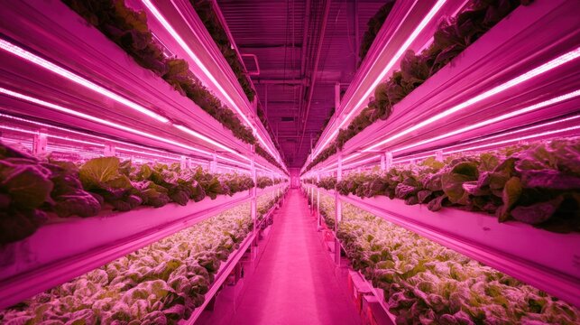 Modern vertical farming rows with vibrant pink led lighting indoors
