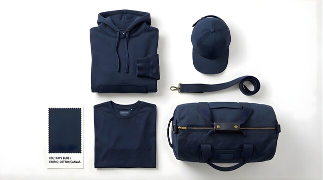 Navy blue casual apparel set with hooded sweatshirt cotton tshirt baseball cap and large duffel bag on white background for travel flat lay layout mockup for men fashion collection minimalist style