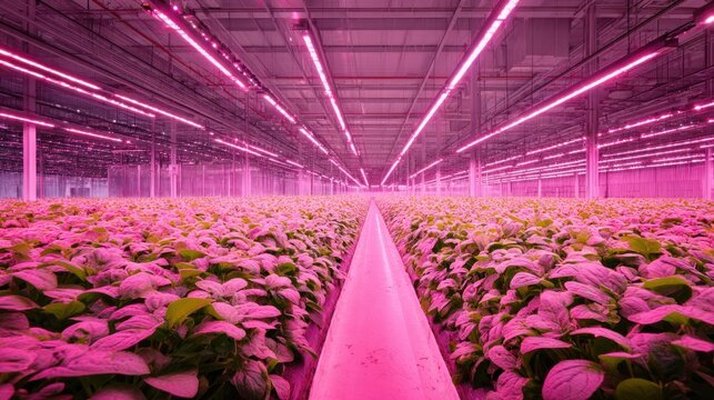Modern indoor agriculture cultivation with rows of plants and bright pink lights