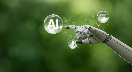AI Bubble Concept Robot Hand Touching AI Sphere © Kannapat