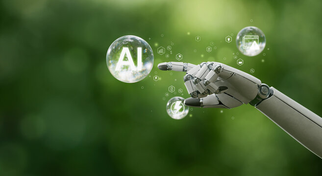 AI Bubble Concept Robot Hand Touching AI Sphere