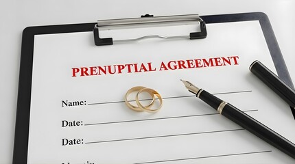 Prenuptial agreement document on black clipboard with gold wedding rings and fountain pen on white surface legal contract for marriage property and asset protection before wedding ceremony concept