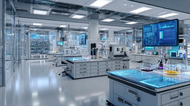 Modern laboratory interior with technological equipment and displays