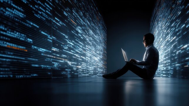 Man working on laptop with code data flow in a digital environment