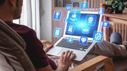 Quality approval and certification icons showing verified badge, standard check, award, trophy,...