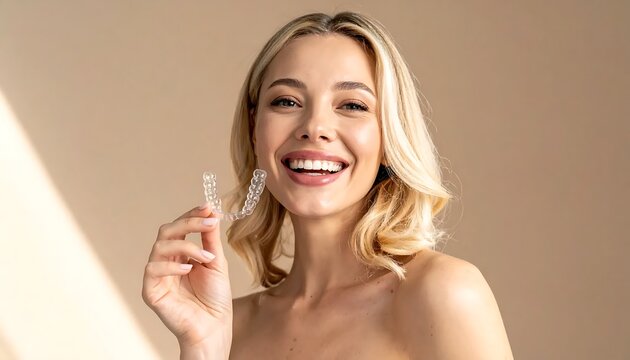 Radiant Woman Smiling with Clear Aligners for Teeth Straightening.