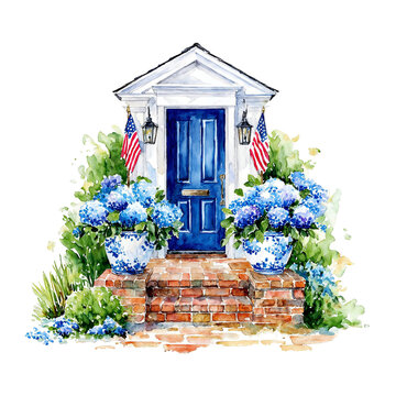 Watercolor blue front door with white architectural trim, to decorate entrance with blooming blue hydrangeas in ceramic pots and American flags for patriotic celebration.