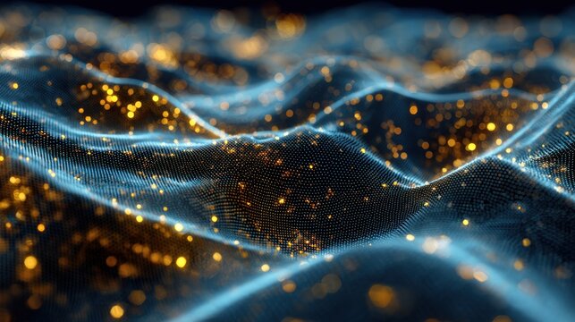 Abstract digital wave illuminated with glowing particles closeup view