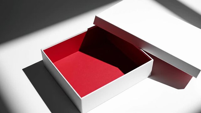 Open white box with red inside and lid in dramatic light