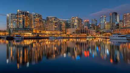 Fototapeta premium Stunning Coastal Cityscape View of Contemporary Skyline Reflected in Tranquil Water at Dusk in Australia