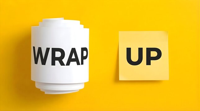 Conceptual image representing end of project or meeting, with white paper roll labeled wrap next to yellow sticky note showing up against solid background