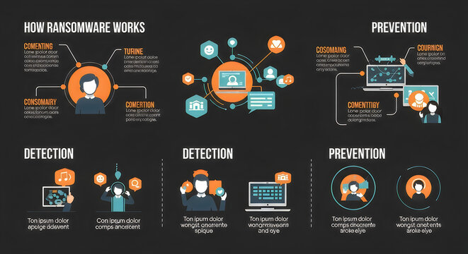 An infographic explaining how ransomware works, including sections on infection, detection, and prevention.