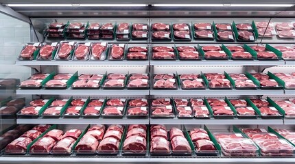 Refrigerated supermarket display case filled with various cuts of raw beef steaks in plastic trays including ribeye sirloin and brisket arranged on multiple shelves for retail grocery meat selection