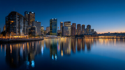 Fototapeta premium Contemporary Coastal Cityscape View of Urban Australia at Dusk with Reflective Waters