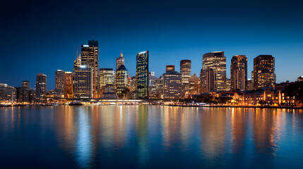 Naklejka premium Stunning Coastal Cityscape of a Modern Australian City at Dusk Overlooking Calm Waters
