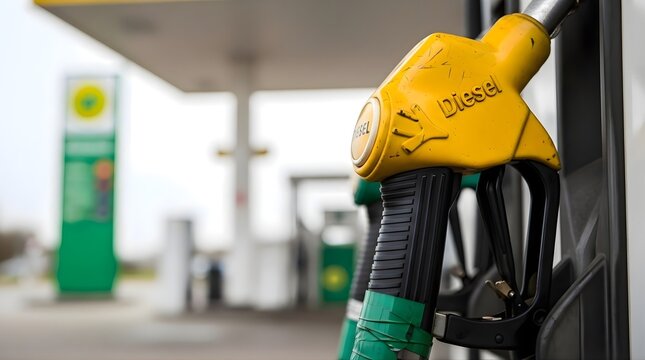 Close-up of yellow diesel fuel nozzle hanging at gas station pump in a commercial area focusing on filling pump for vehicles and transportation needs